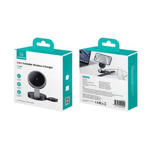Бездротовий зарядний пристрій Usams CD234 3in1 15W Foldable Wireless Charge For Phone/Apple Watch/Earphoner Чорний - фото 2