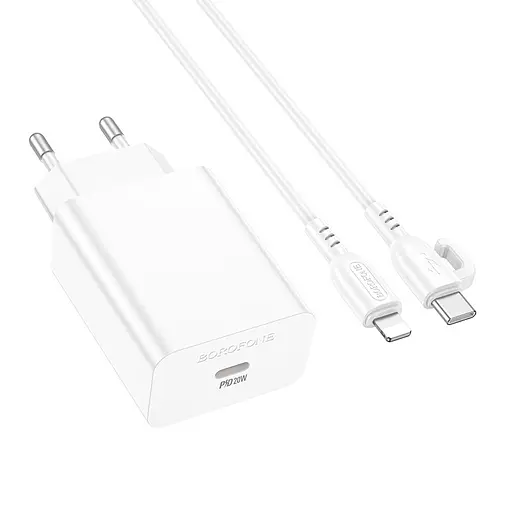 Мережевий зарядний пристрій з кабелем Borofone BA21A Pro Long journey single port PD20W charger set(C to iP) білий - фото 3