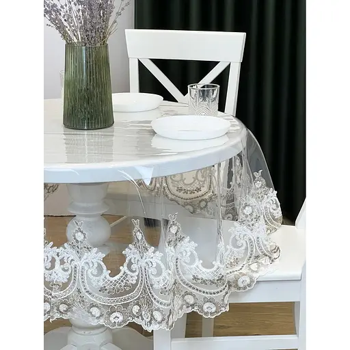 Силіконова скатертина з біло-кавовим мереживом Арка Elit 290х180 см