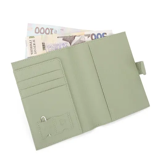 Обложка на паспорт 3459 кожаная с карманом для денег светло-зеленая - фото 2