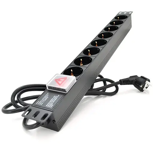 Подовжувач PiPo на 8 розеток з вимикачем, 220В, німецький тип, 1U 19", алюмінієвий корпус, чорний, довжина кабелю 1,8 м, Q25