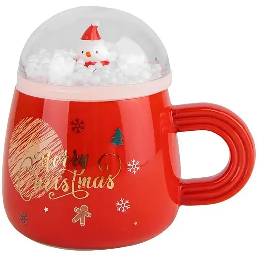 Чашка новогодняя Olens 8030-299-3 Снежный праздник с крышкой керамика 360 мл Красная - фото 1
