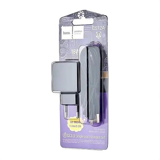 Мережевий зарядний пристрій Hoco CS12A з кабелем Micro USB технологія Quick Charge 3.0 чорний - фото 2