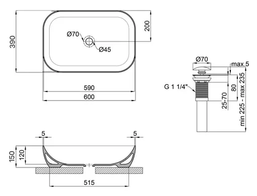 Комплект Qtap Robin: Раковина накладная прямоугольная 600x390x150 мм White + Донный клапан PU02 (QT13112143PWN47297) - фото 6