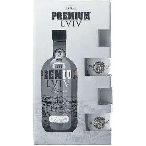 Горілка Premium Lviv Платина 40% 0.7+2 стакани
