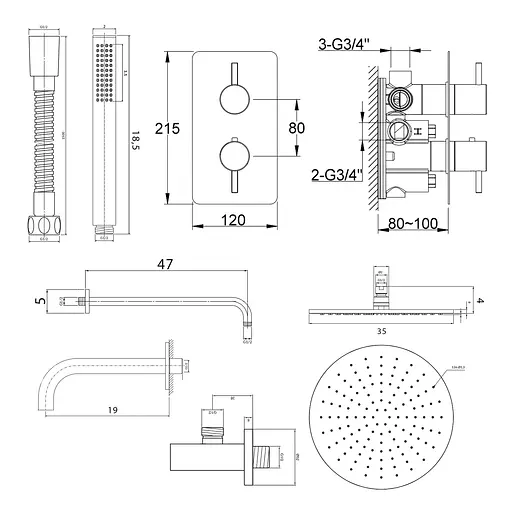 Душова система Kohlman Axel 35 chrome з термостатом + BOX прихованого монтажу KPL-QW433A35, Хром - фото 2