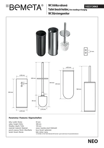 Туалетный ершик Bemeta Neo с держателем напольный/настенный металл 102313065, Белый - фото 3
