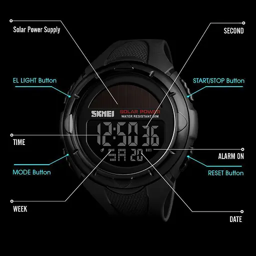 Чоловічий спортивний годинник Skmei 1405 Solar на сонячній батареї Чорний - фото 5