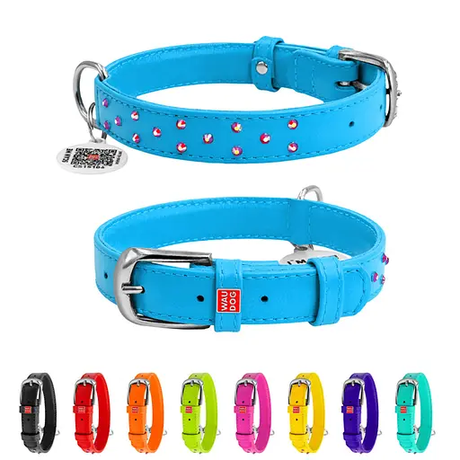 Ошейник для собак кожаный Waudog Glamour с QR-паспортом с клеевыми стразами Ш 20 мм Д 30-39 см голубой - фото 2