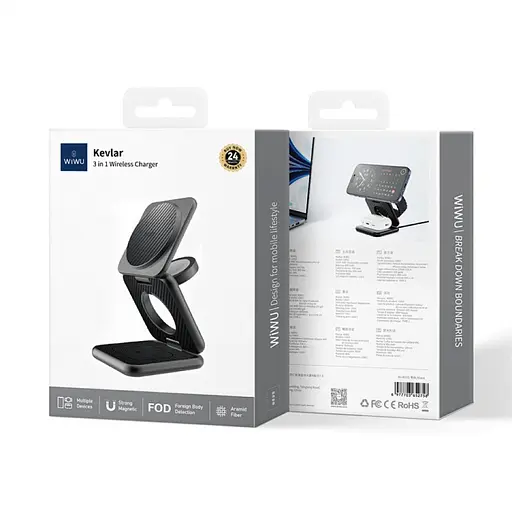 БЗП WIWU Wi-W035 Kevlar Mag Go 3 in 1 wireless charger Black - фото 5