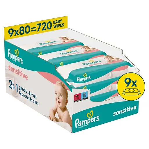 Дитячі вологі серветки Pampers Sensitive 720 шт. (9 упаковок x 80 шт.) - фото 1