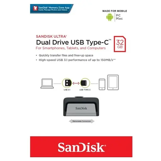 Флеш-накопитель SanDisk USB 3. 1 Ultra Dual Type-C 32Gb (150 Mb/s) - фото 2