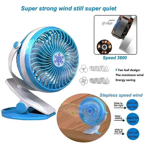Аккумуляторный настольный вентилятор Moltis Mini Fan WX 6503 на прищепке 1000mAh Ветродуйка 5Вт 4 Голубой - фото 6