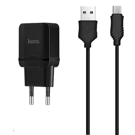 Адаптер блок и кабель зарядный комплект Hoco C22A 1USB 2.4 А Micro cable черный - фото 1