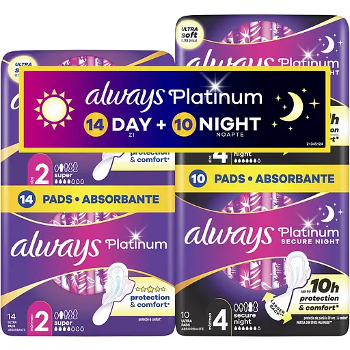 Набір гігієнічних прокладок Always Platinum Super Розмір 2, 14 шт. + Secure Night Розмір 4, 10 шт. - фото 1
