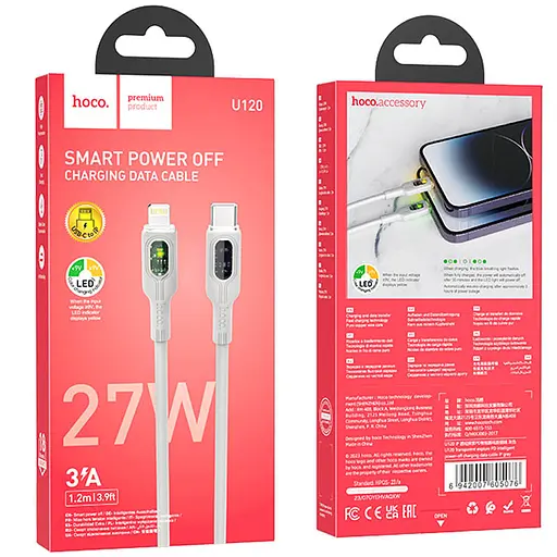 Дата кабель Hoco U120 Transparent explore intelligent power-off PD 27W Type-C to Lightning (1.2m) Gray - фото 5