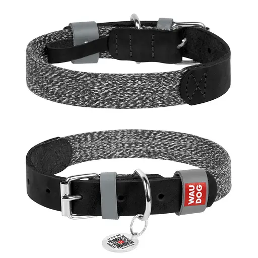 Ошейник для собак из кожи и восстановленного хлопка Waudog Classic M Ш 20 мм Д 30-39 см черный