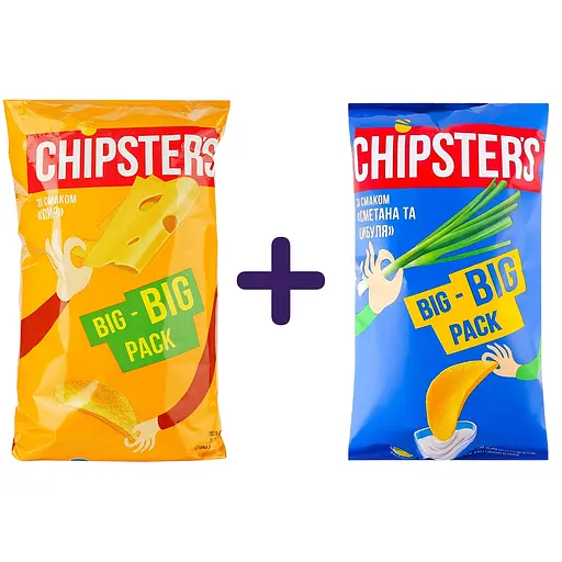 Набір чипсів Chipster's: зі смаком сиру + зі смаком сметани та цибулі 300 г (2 шт. х 150 г)