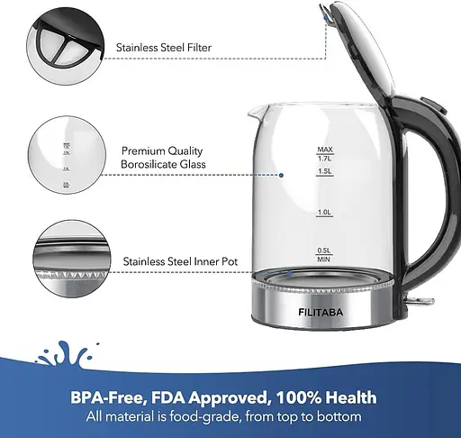 Электрический чайник, стеклянный чайник для горячей воды объемом 1,7 л с синим светодиодным индикатором, бесцветный беспроводной - фото 2