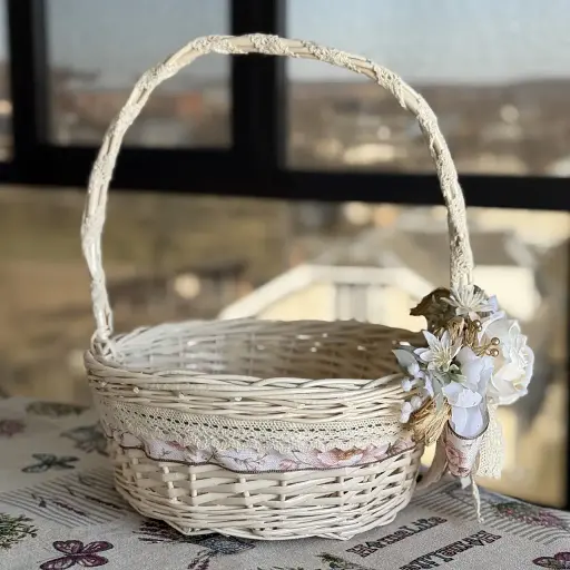 Пасхальная корзина 31×31×39 см hand-made MIS LT бежевая с кремовым декором круглая большая - фото 2