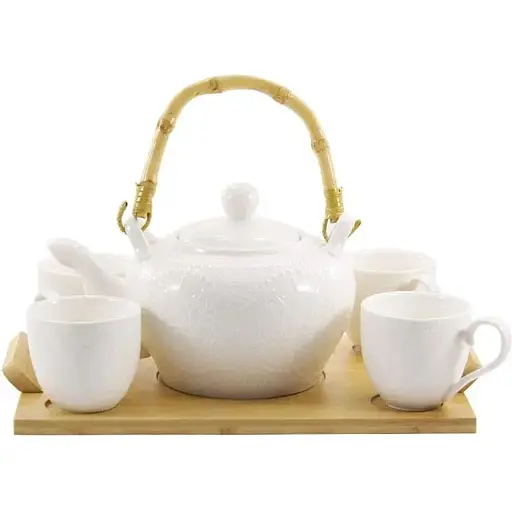 Чайний набір Interos порцеляна на дерев'яній підставці (заварник 800 мл + 4 чашки 130 мл) (02777-А)