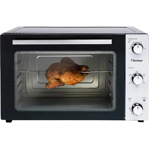 Міні-піч для випічки Bestron AOV55 2-в-1 з шампурами, що обертаються, 55 літрів, 2000 Вт, нержавіюча сталь, чорний - фото 2
