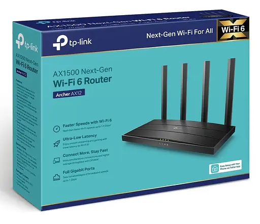 Роутер TP-LINK Archer AX12, Wi-Fi 802.11ax, до 1501 Mb/s, 2.4/5GHz, 3 LAN 10/100/1000 Mb/s, RJ45 10/100/1000Mb/s (GE), 4 зовнішні анте - фото 4
