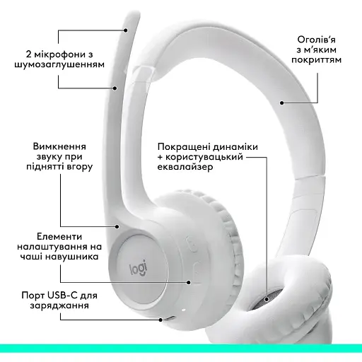 Гарнітура Logitech Zone 300 Wireless Headset BT White (981-001417) (6996323) - фото 8