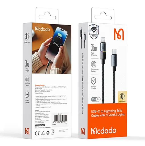 Кабель Mcdodo USB-C to lightning Cable with 7 Colorful Lights 1,2 м CA-8190 Черный - фото 2