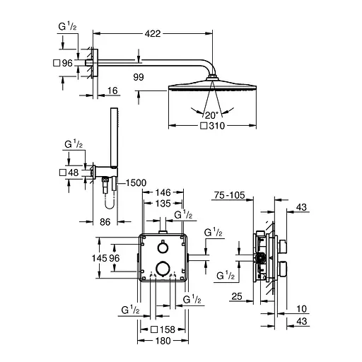 Душова система прихованого монтажу термостатична Grohe QuickFix Precision Grohtherm Cube 34881000, Хром - фото 2
