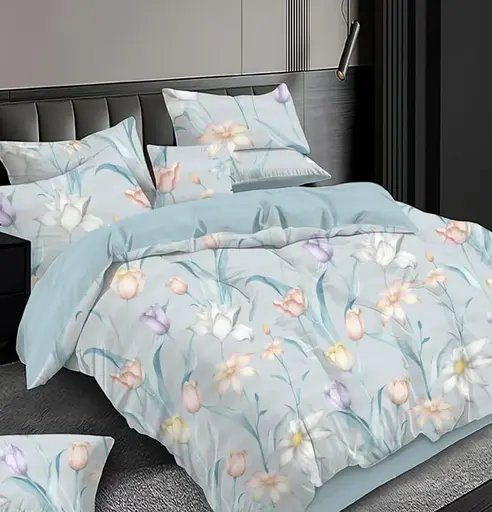 Постельное комбинированное белье Страйп сатин евро комплект двухсторонний дизайн цветочный принт Голубой - фото 1