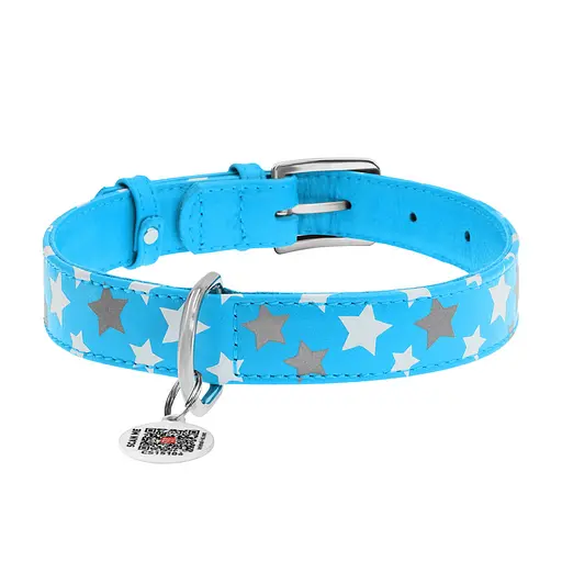 Ошейник для собак кожаный Waudog Glamour с QR-паспортом узор "Звездочка" светонакопительный/светоотражающий M Ш 20 мм, - фото 3