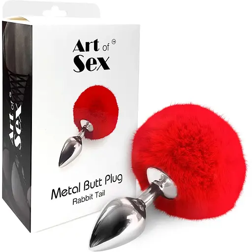 Металевий анальна пробка Art of Sex - Metal Butt Plug Rabbit Tail М, Червоний - фото 3