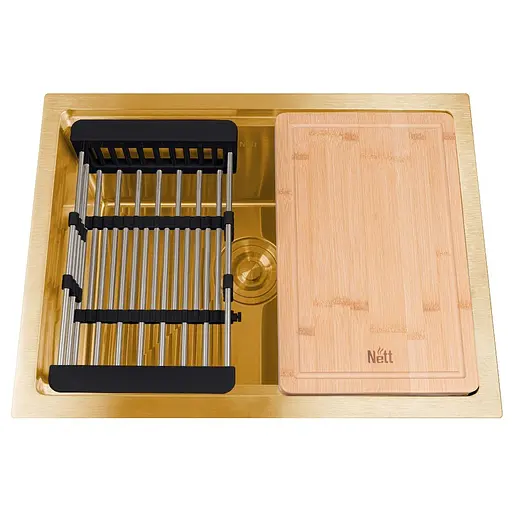 Кухонная мойка под столешницу золотая из нержавеющей стали 1.5 мм кухонная станция Nett NG-5742, Золотой - фото 6