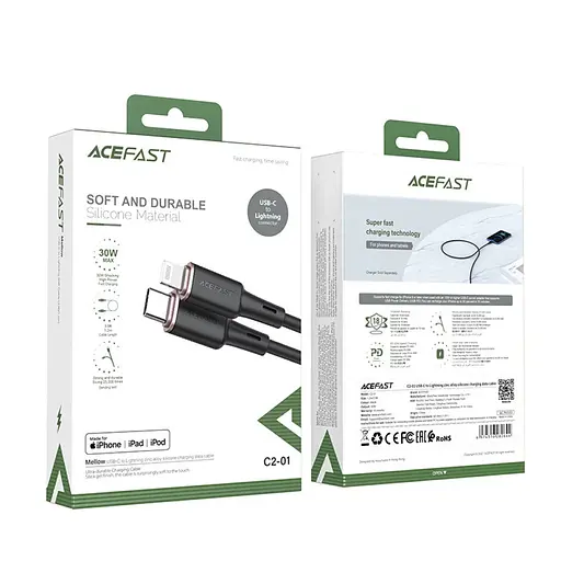 Кабель Acefast C2-01 Type-C to iP 3A 20W 1.2 м silicone zinc connectors чорний - фото 2