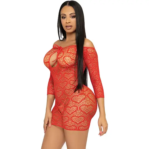 Платье-сетка с сердечками Leg Avenue Heart net Mini dress Red, завязки, открытые плечи, One Size - фото 4