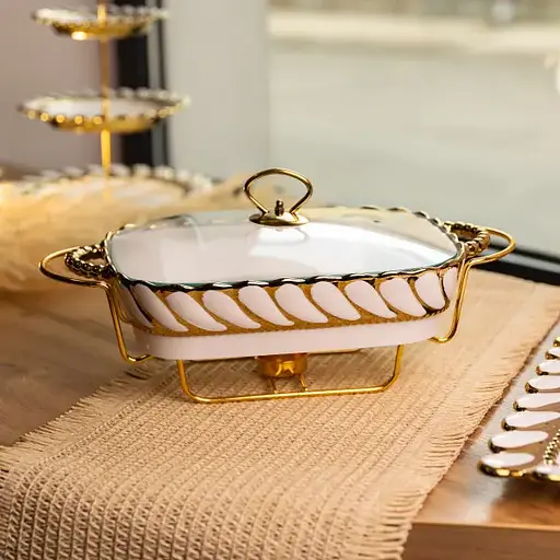 Мармитница фарфоровая Yiwu Tiffany 1.5 л со стеклянной крышкой на металлической подставке с подогревом 34х26х7 см мармит для первых блюд SG-428-13 - фото 2