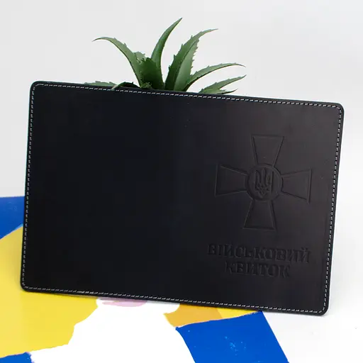 Обложка на военный билет кожаная (черная) с прозрачным клапаном - фото 4