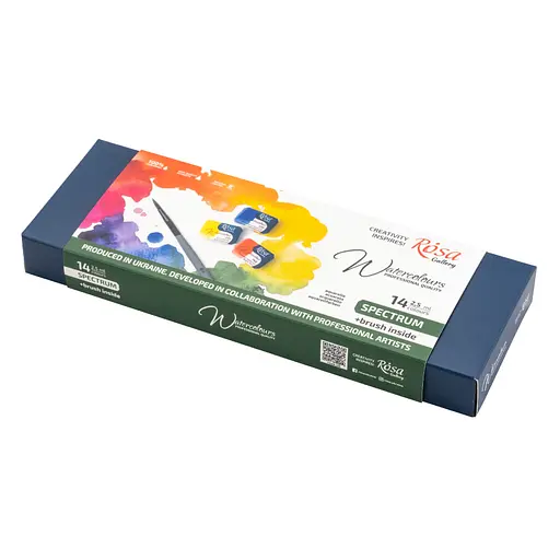 Набір акварельних фарб з пензлем SPECTRUM 14×2.5 мл кювета Індіго металевий пенал Rosa Gallery - фото 1