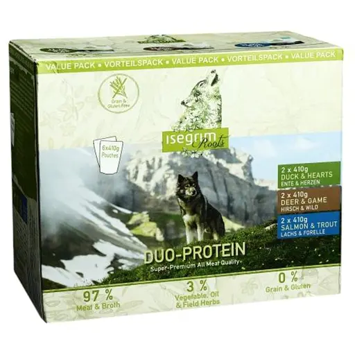 Уценка. Набор влажного корма для взрослых собак Isegrim Adult Pouch Roots Multipack II Duoprotein: Лосось и форель, Утка с сердечками, Олень и дичь 2.46 кг (6 паучей по 410 г) - фото 1