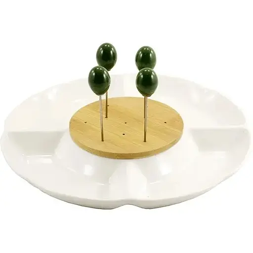 Менажниця Interos порцелянова 4 секційна з 4 шпажками 24.5 см біла (PJ01866)