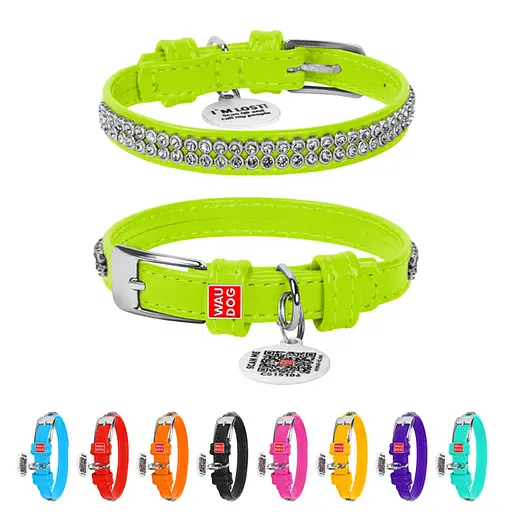 Нашийник для собак шкіряний Waudog Glamour з QR-паспортом з прикрасою "Полотно стрази" XXS Ш 9 мм Д 19-25 см салатовий - фото 2