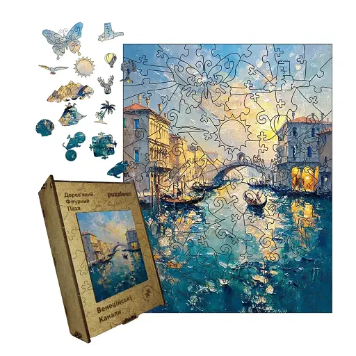 Деревянный фигурный пазл Венецианский канал, А4, Картонная коробка 100 элементов.