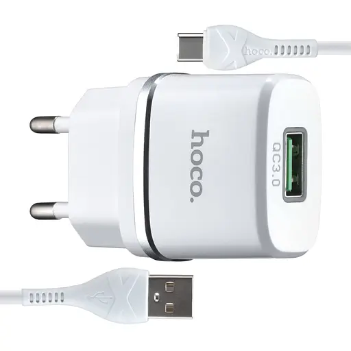 Сетевое зарядное устройство Hoco C12Q Smart QC3.0 charger set ( Type-C ) ( EU ) Белый - фото 1