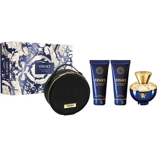 Набор для женщин Versace Pour Femme Dylan Blue: Парфюмерная вода 100 мл + Гель для душа 100 мл + Лосьон для тела 100 мл + Косметичка