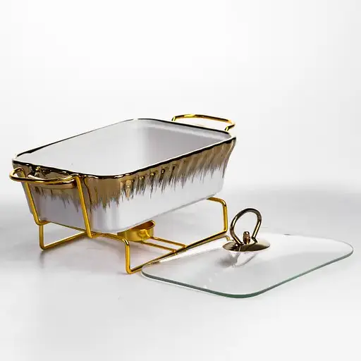 Мармитница фарфоровая Yiwu 1 л прямоугольная со стеклянной крышкой 31х16х11 см мармит на подставке для первых блюд ML525-11 - фото 5