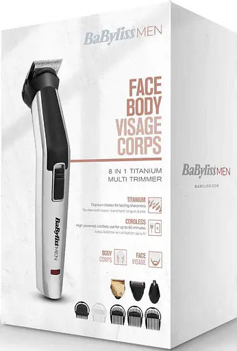 BaByliss Набір для стрижки, для бороди, вусів, голови, носа і тіла, акум., вібраційний мотор, насадок-8, чохол, сталь, сірий - фото 3