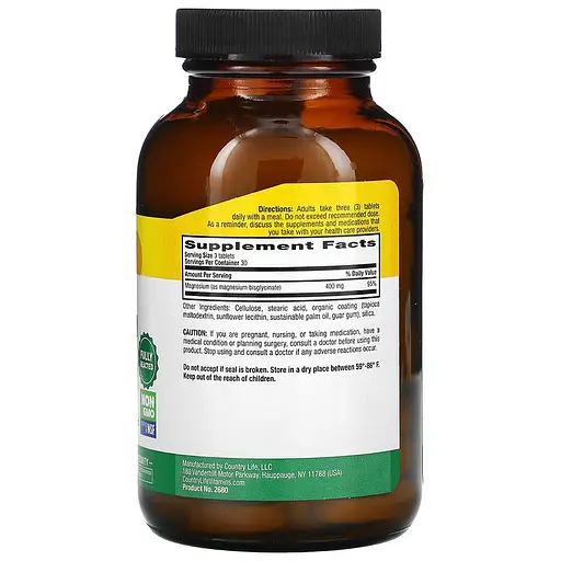 Гліцинат магнію Country Life Chelated Magnesium Glycinate 400 mg, 90 таблеток для підтримки серця та м'язів - фото 2