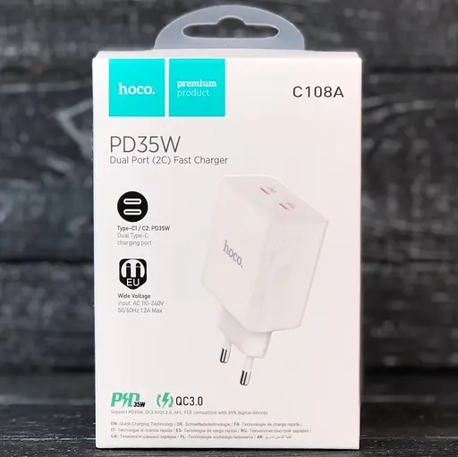 Зарядное устройство адаптер питания сетевой Hoco C108A Leader 2 порта USB-C 35 W - фото 1