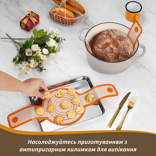 Силіконова стрічка-підкладка (килимок-слінг) для випікання хліба, тіста або кексів у духовці та аерогрилі (3 штуки в комплекті), Kitchen Master Помаранчевий 87925 - фото 5